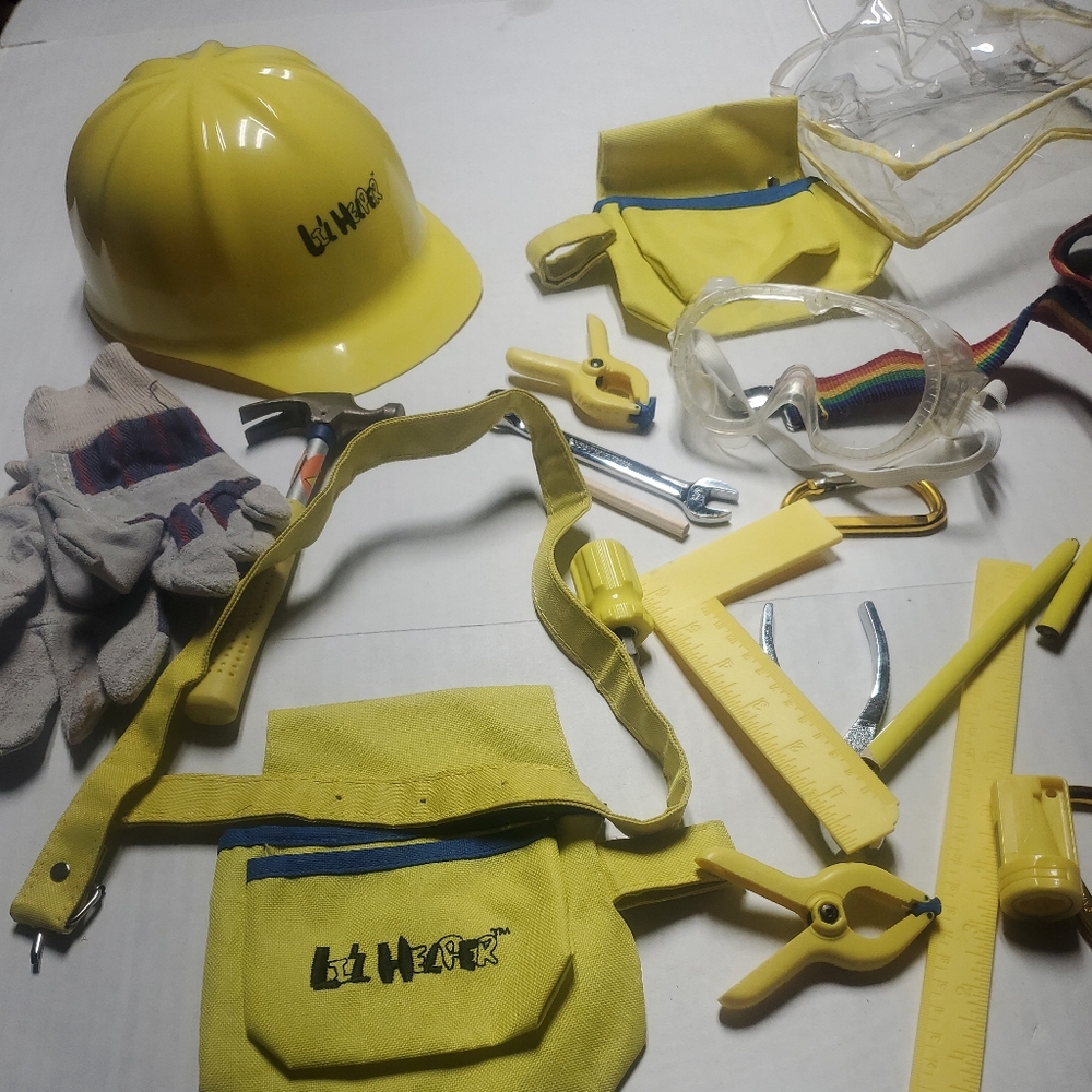 LIL Helper Construction worker Outfit. Goggles. Hat. Suspendors.  Gloves. Belt.